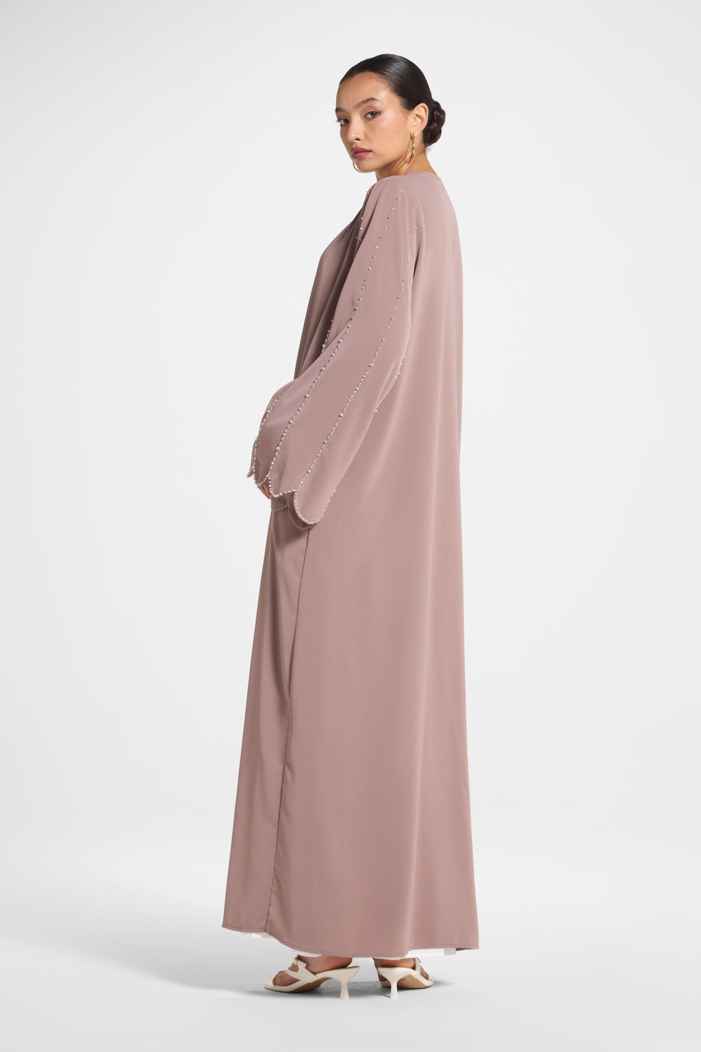 Taupe Nada Scalloped Sleeve Embellished Open Abaya