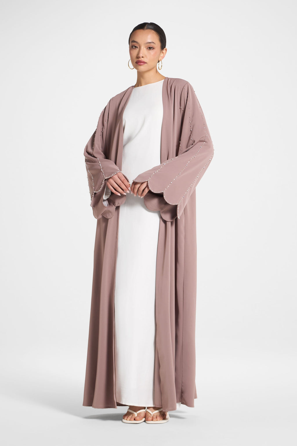 Taupe Nada Scalloped Sleeve Embellished Open Abaya