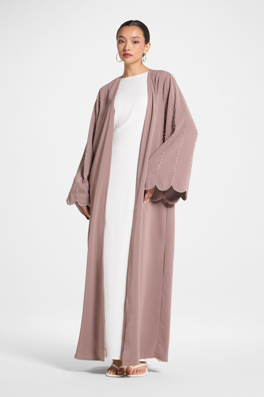 Taupe Nada Scalloped Sleeve Embellished Open Abaya