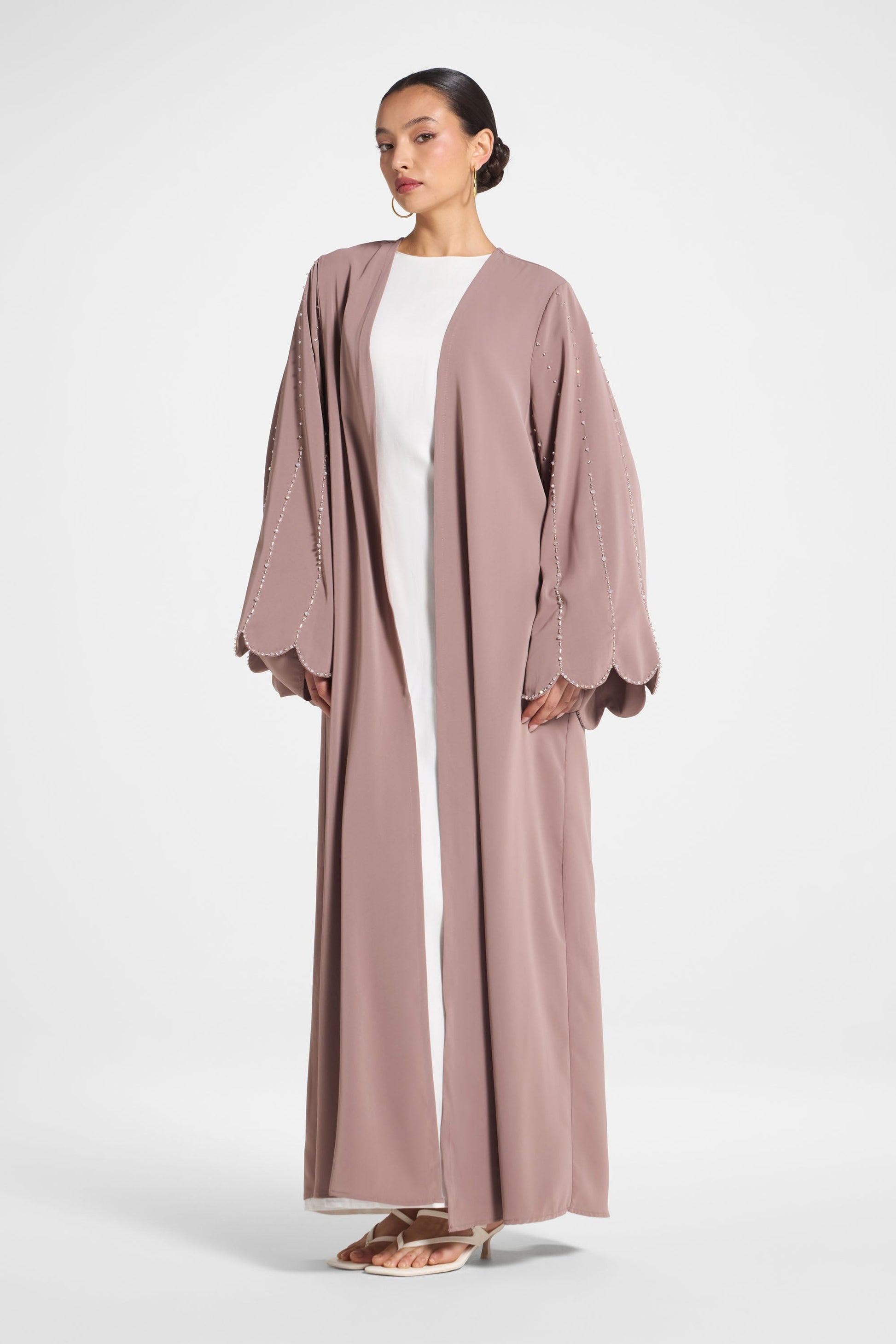 Taupe Nada Scalloped Sleeve Embellished Open Abaya