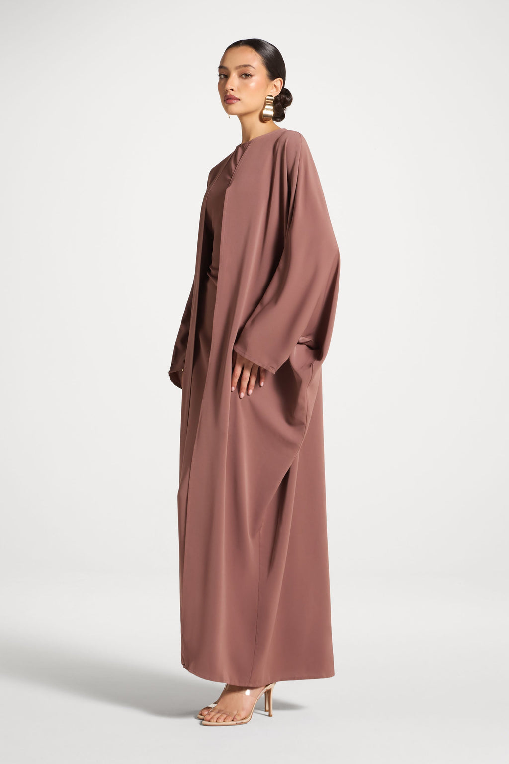 Light Brown Satin Maxi Dress with Flare Sleeves
