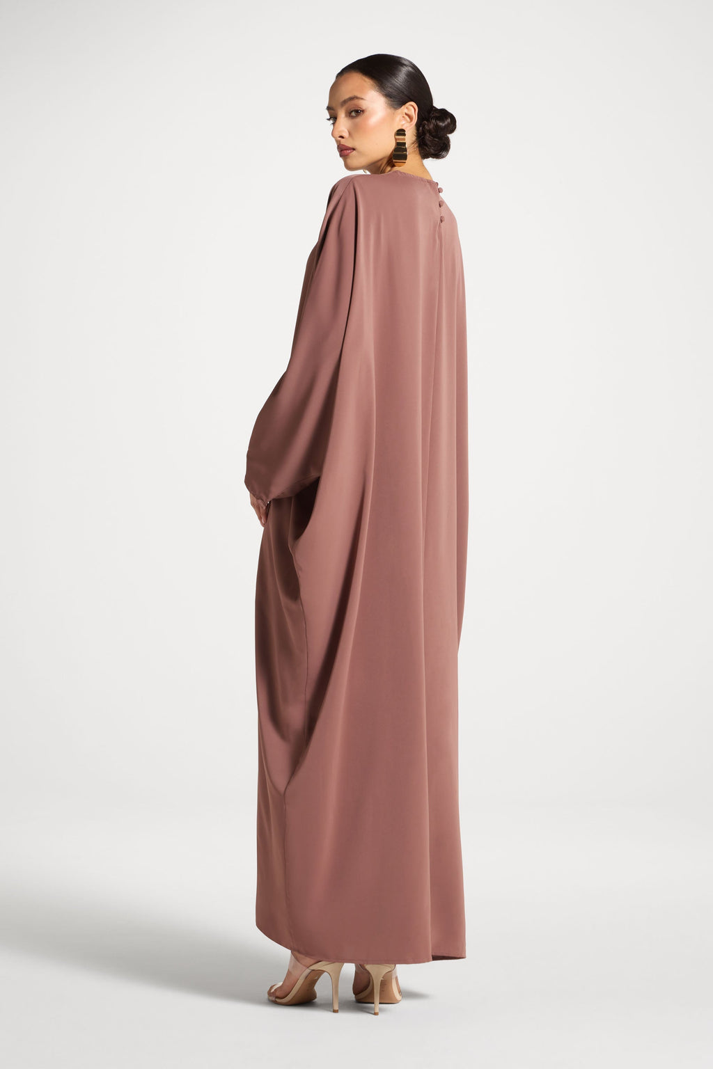 Light Brown Satin Maxi Dress with Flare Sleeves