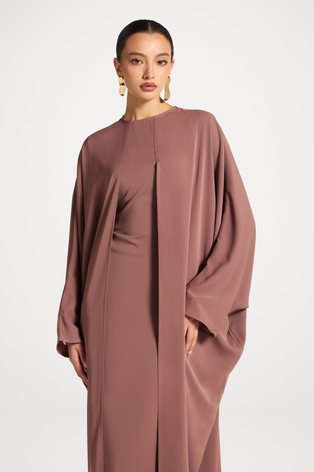 Light Brown Satin Maxi Dress with Flare Sleeves