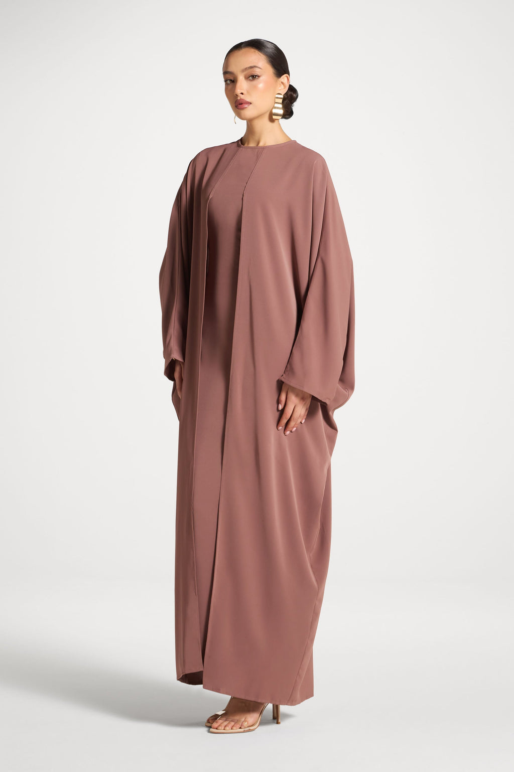 Light Brown Satin Maxi Dress with Flare Sleeves