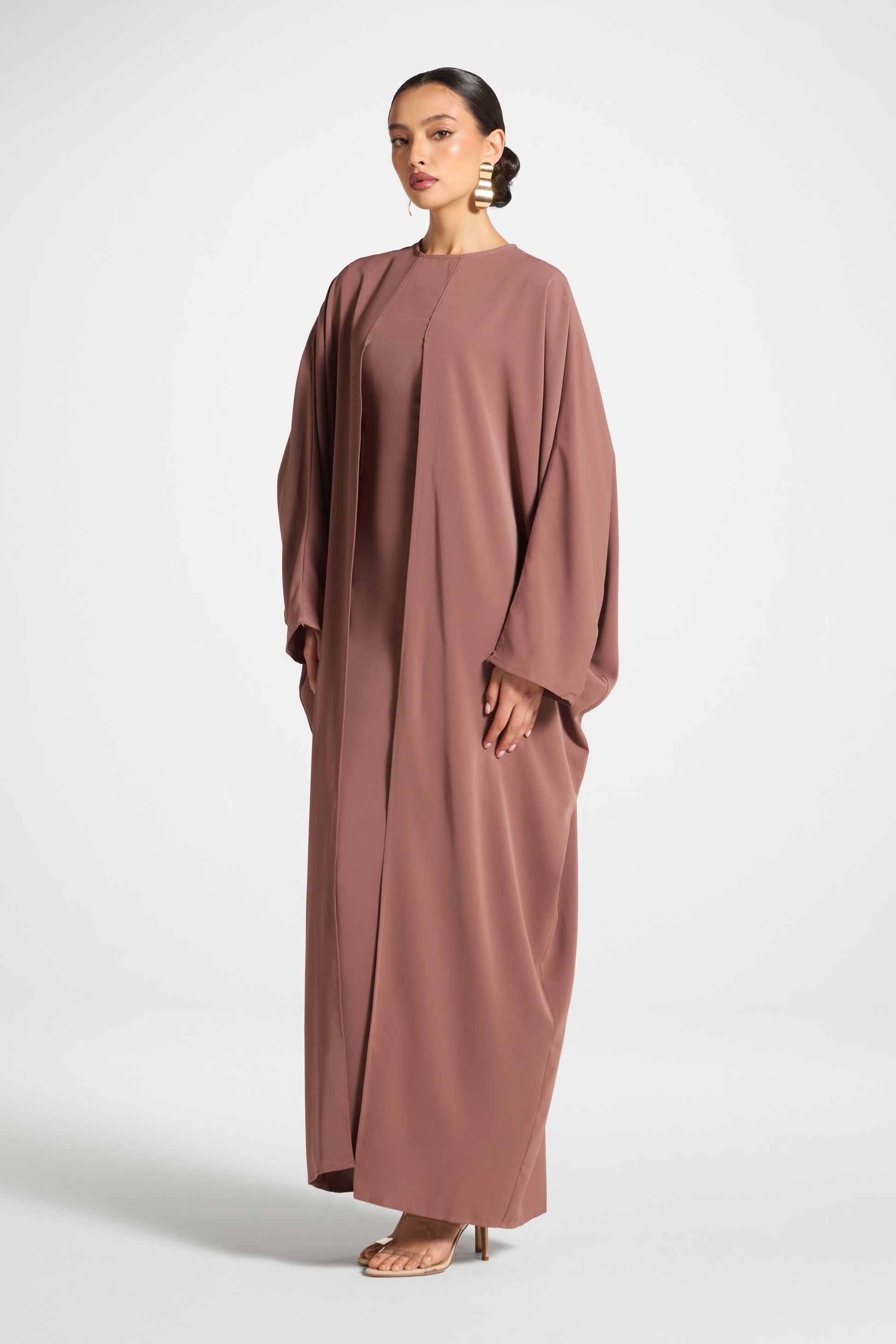 Light Brown Satin Maxi Dress with Flare Sleeves