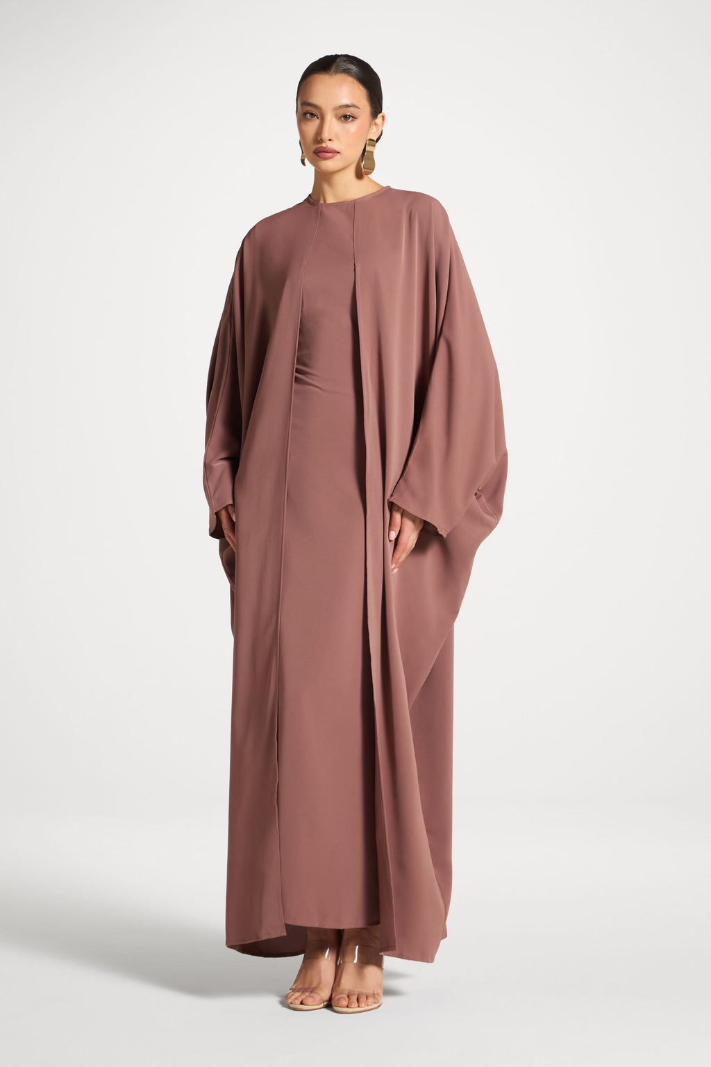 Light Brown Satin Maxi Dress with Flare Sleeves