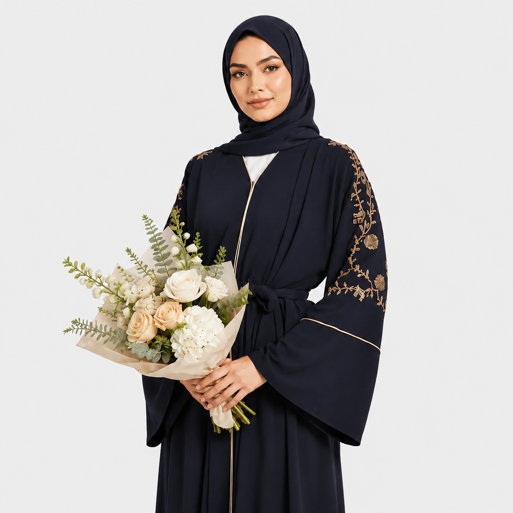 Woman in a dark abaya with floral embroidery holding a bouquet of flowers on a light gray background