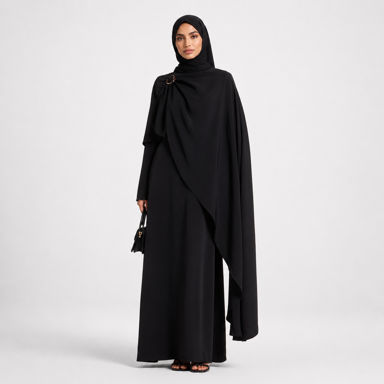 Black Cape Maxi Dress with Gold Hardware Detail