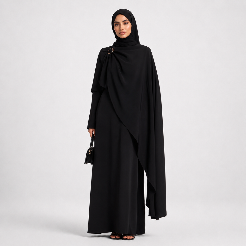 Black Cape Maxi Dress with Gold Hardware Detail