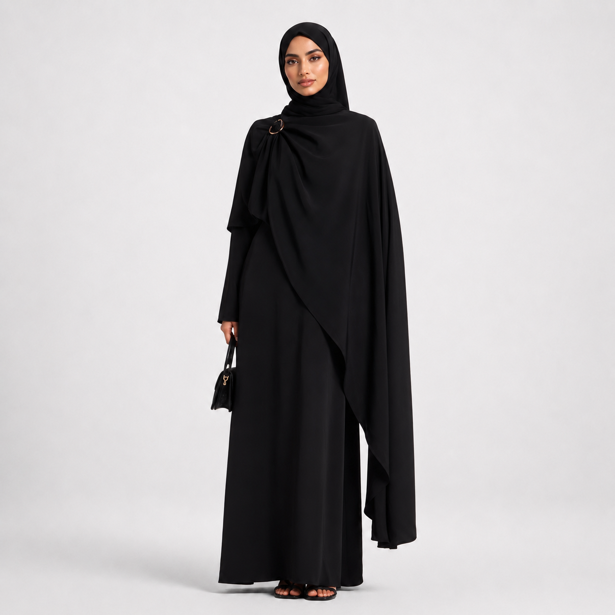 Black Cape Maxi Dress with Gold Hardware Detail
