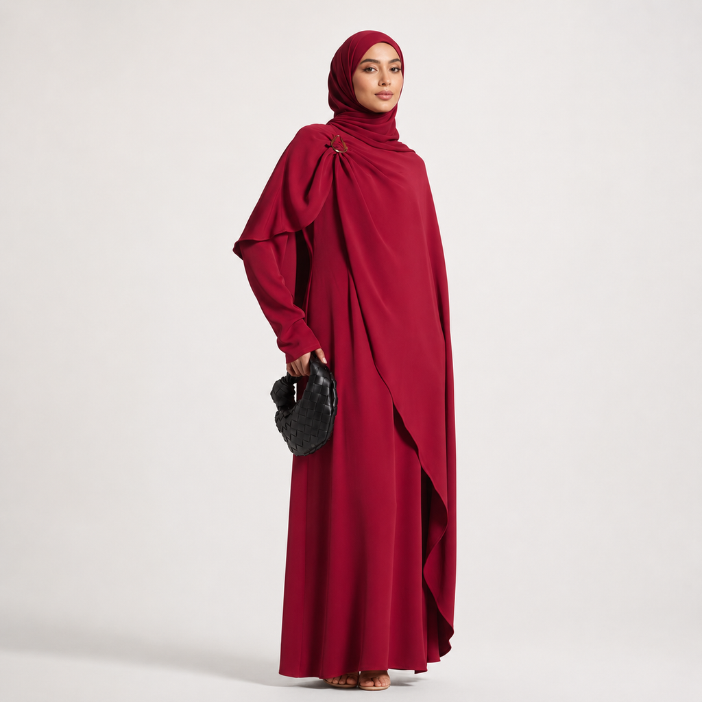 Red Cape Maxi Dress with Gold Hardware Accents