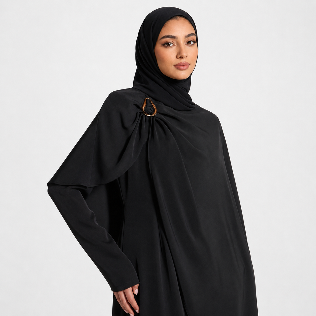 Black Cape Maxi Dress with Gold Hardware Detail