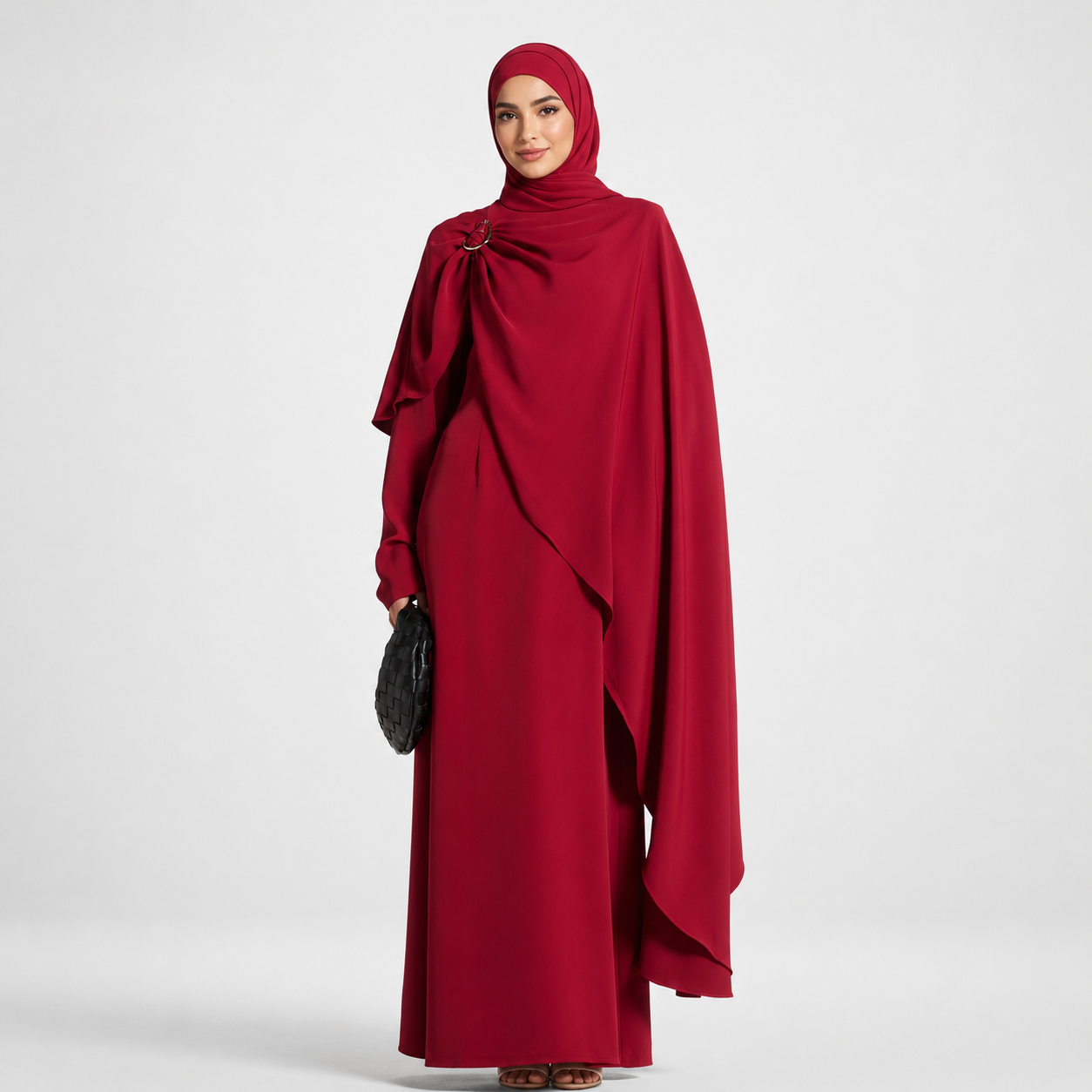 Red Cape Maxi Dress with Gold Hardware Accents