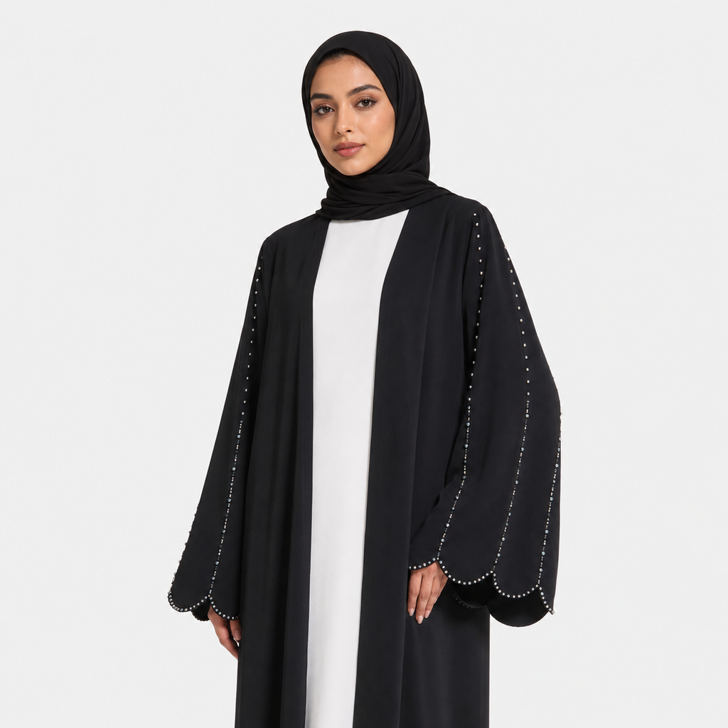 Black Beaded Open Abaya with Scalloped Sleeves