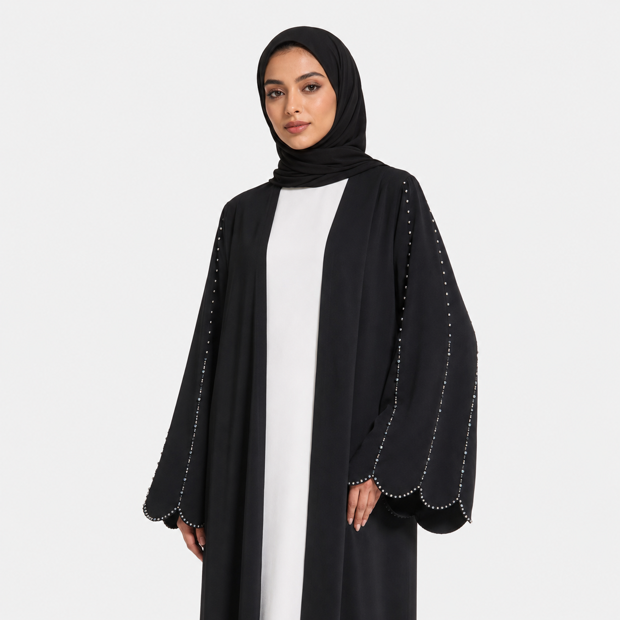 Black Beaded Open Abaya with Scalloped Sleeves