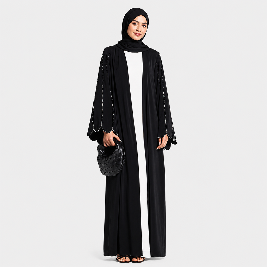 Black Beaded Open Abaya with Scalloped Sleeves