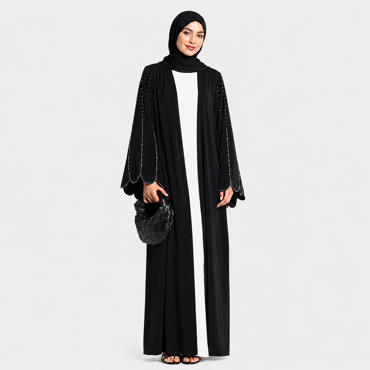 Black Beaded Open Abaya with Scalloped Sleeves
