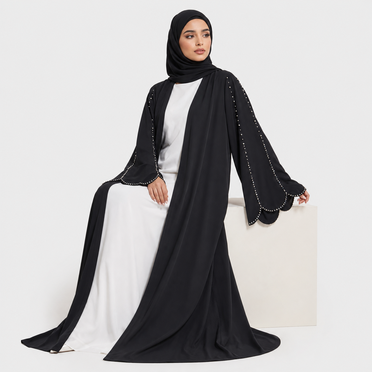 Black Beaded Open Abaya with Scalloped Sleeves