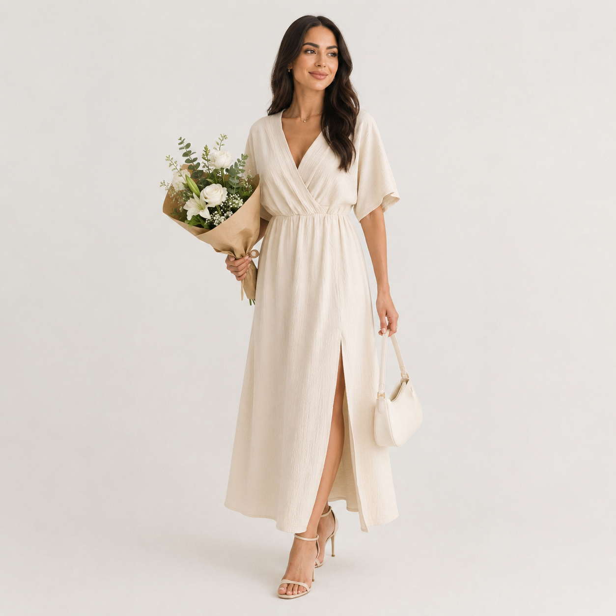 V-Neck Ruched Waist High Slit Midi Dress