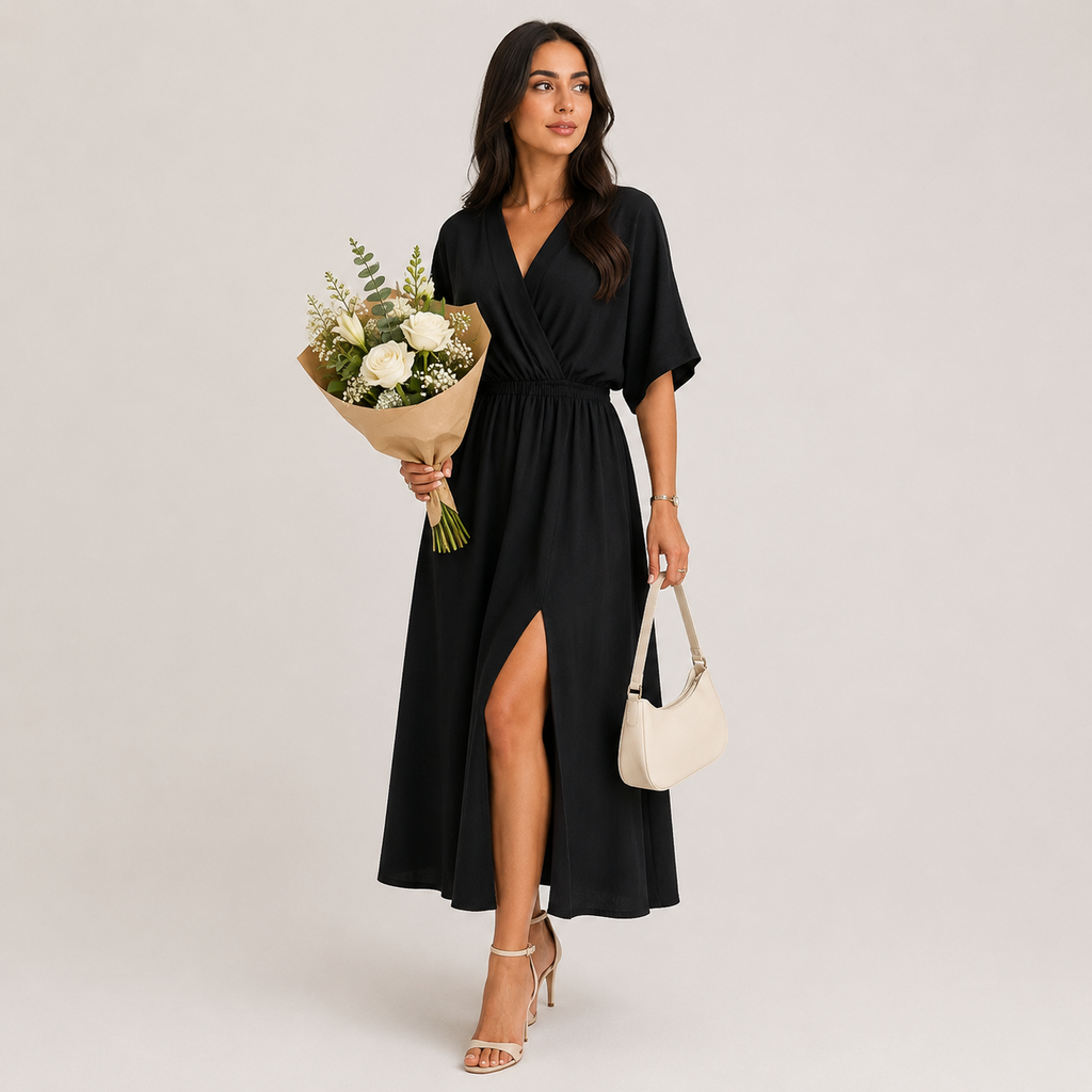 V-Neck Ruched Waist High Slit Midi Dress