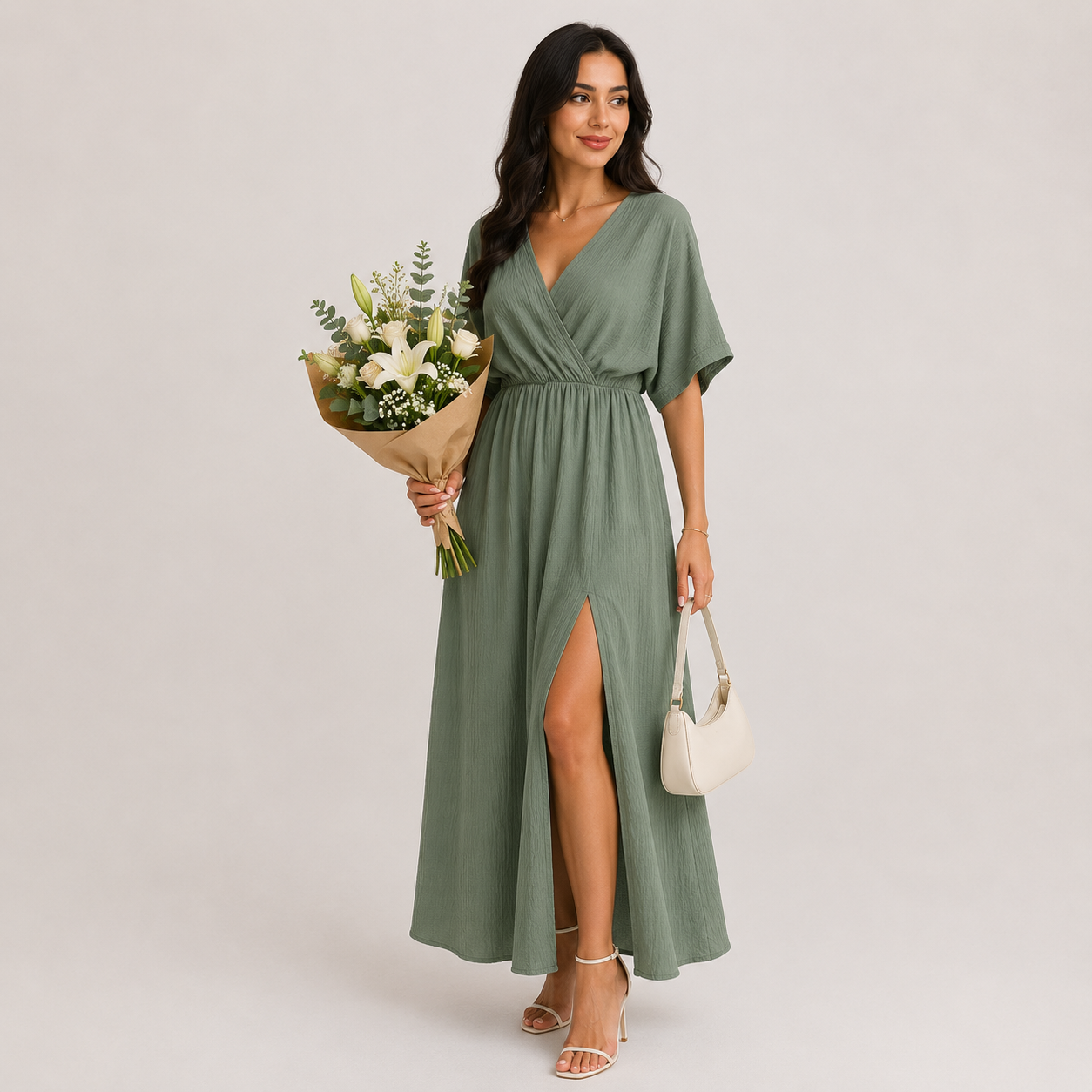 V-Neck Ruched Waist High Slit Midi Dress