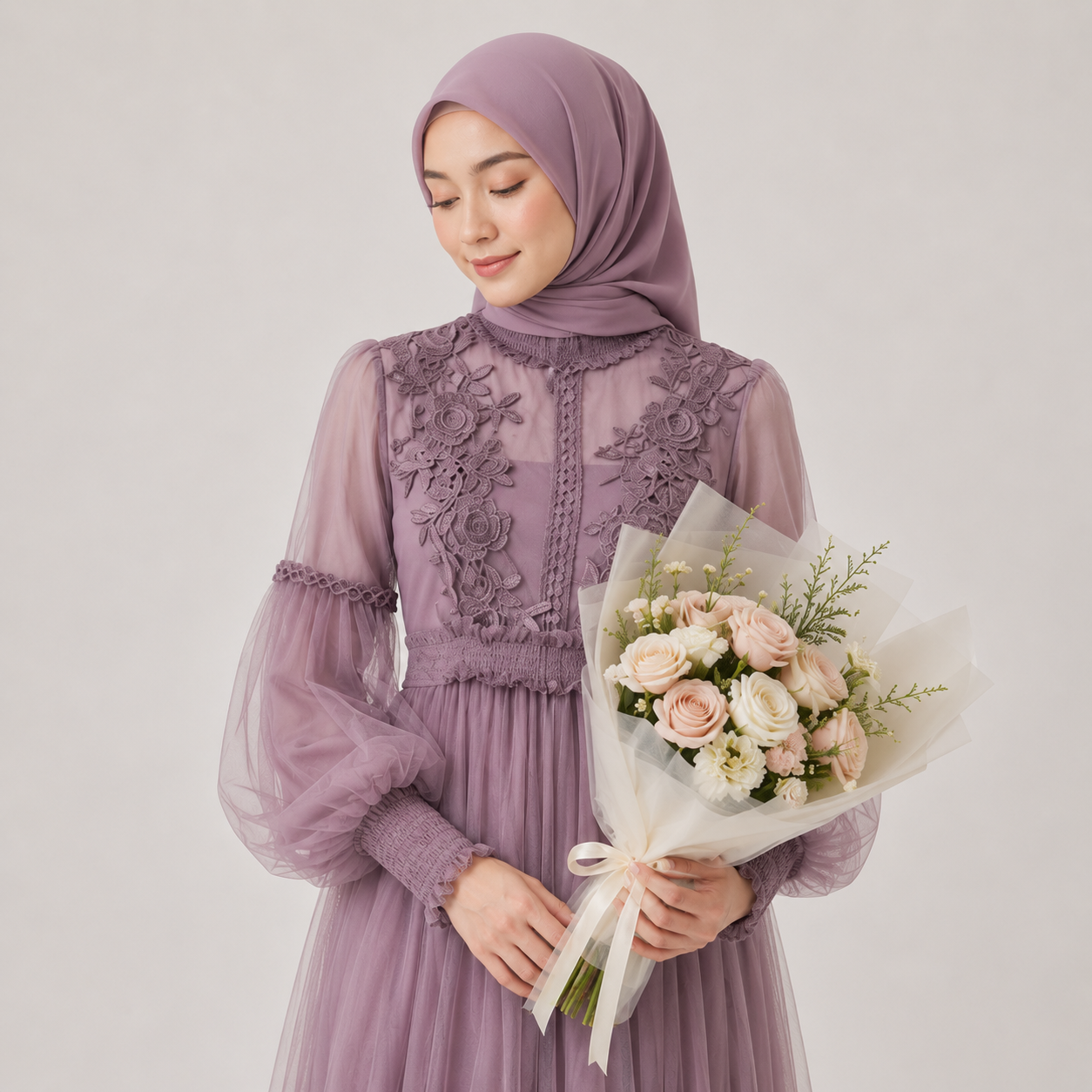 Woman in a purple dress with floral embroidery holding a bouquet of flowers against a plain background