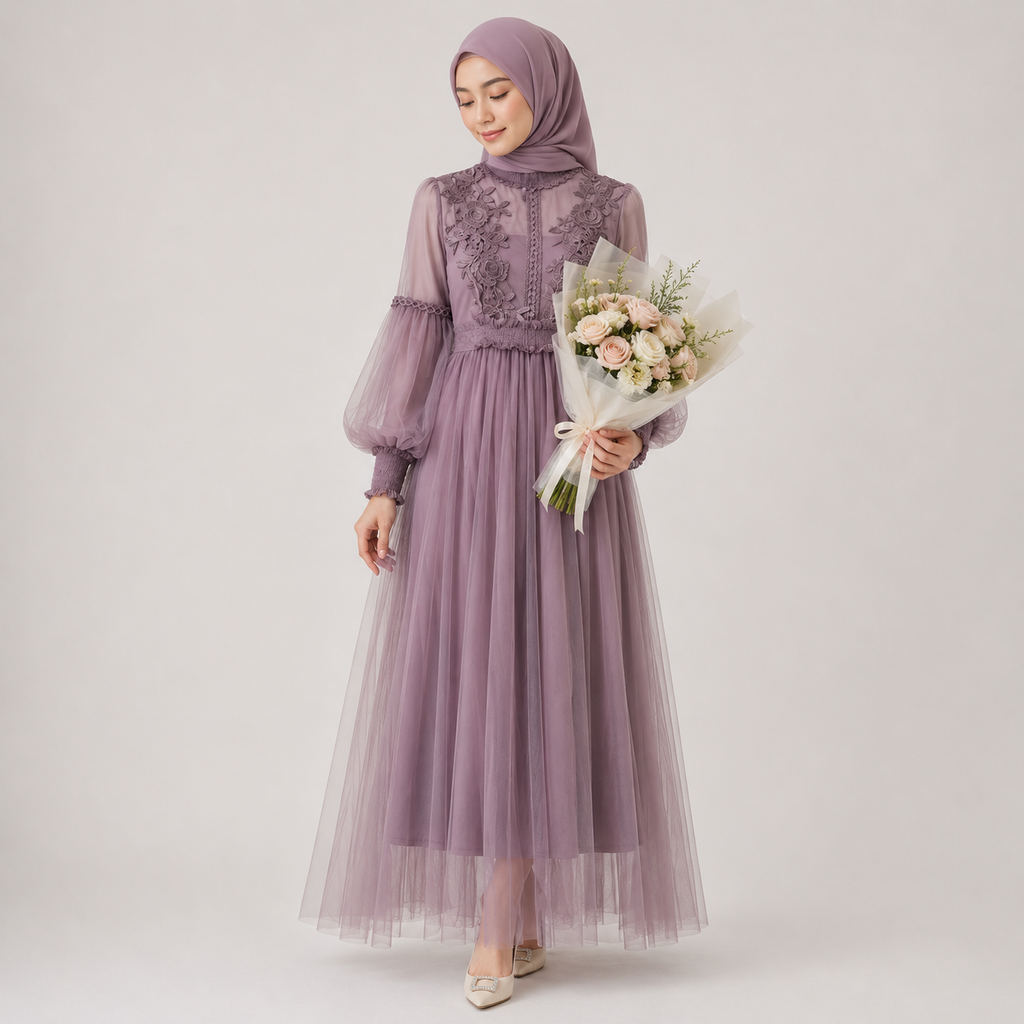 Woman wearing a long purple dress holding a bouquet of flowers on a white background