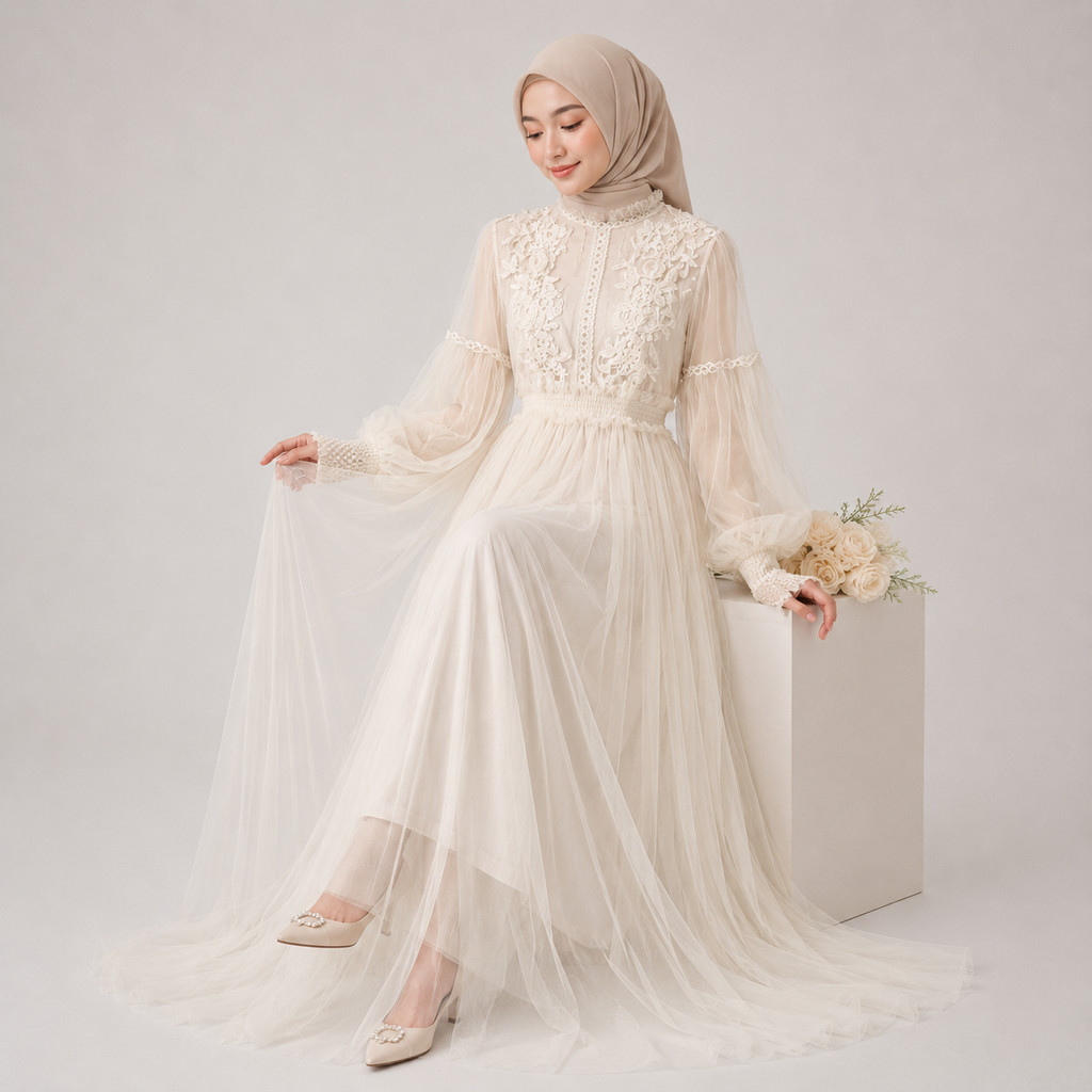 Woman in a white lace dress with a hijab holding flowers on a light gray background