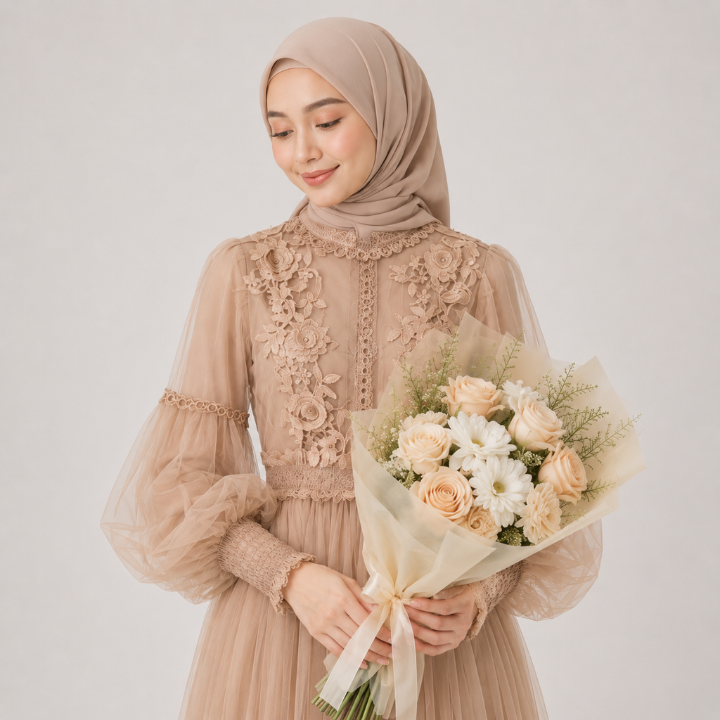 Woman in a beige dress with floral embroidery holding a bouquet of flowers against a plain background