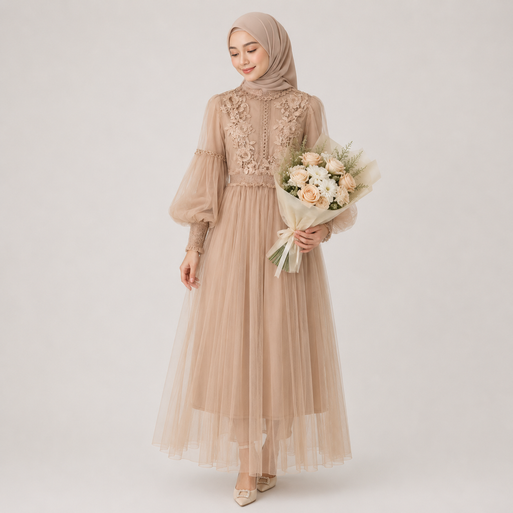 Woman in a beige hijab and dress holding flowers against a white background