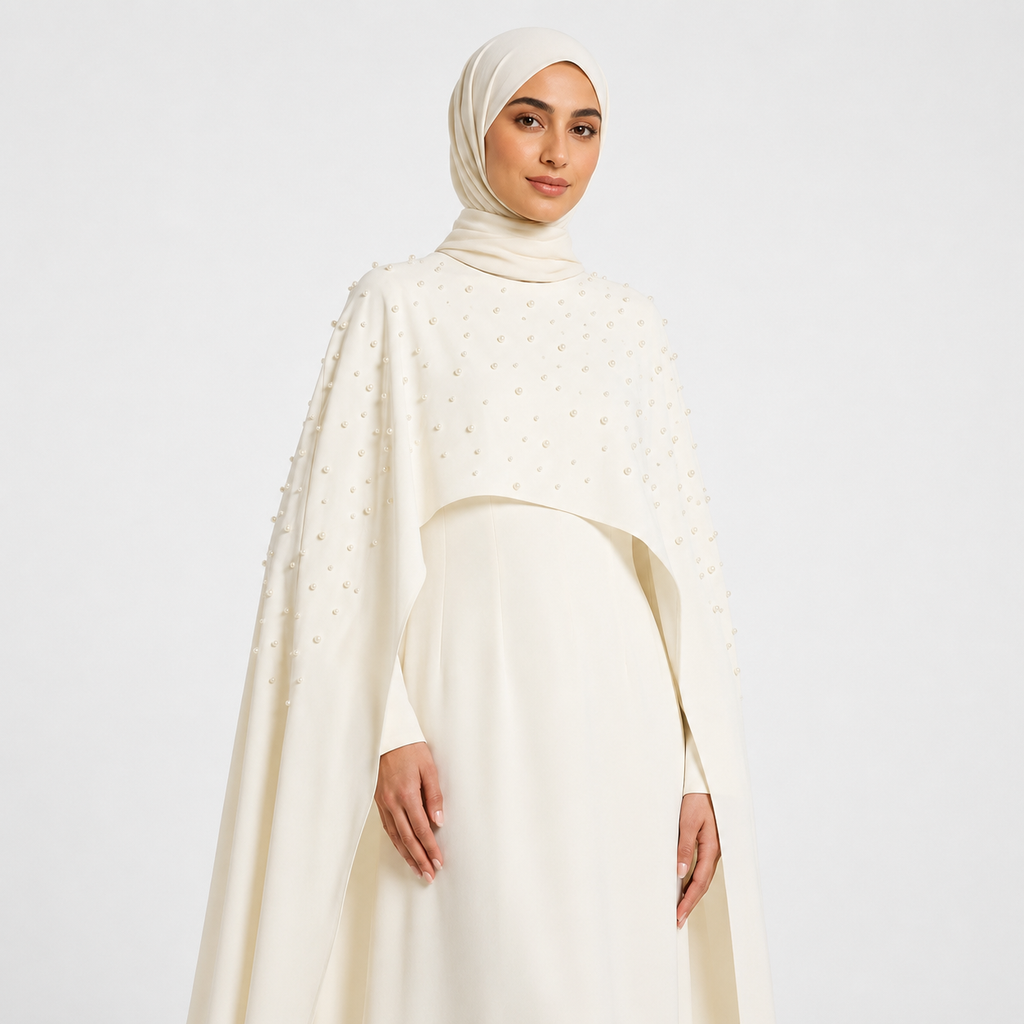 White Pearl Embellished Cape Maxi Dress