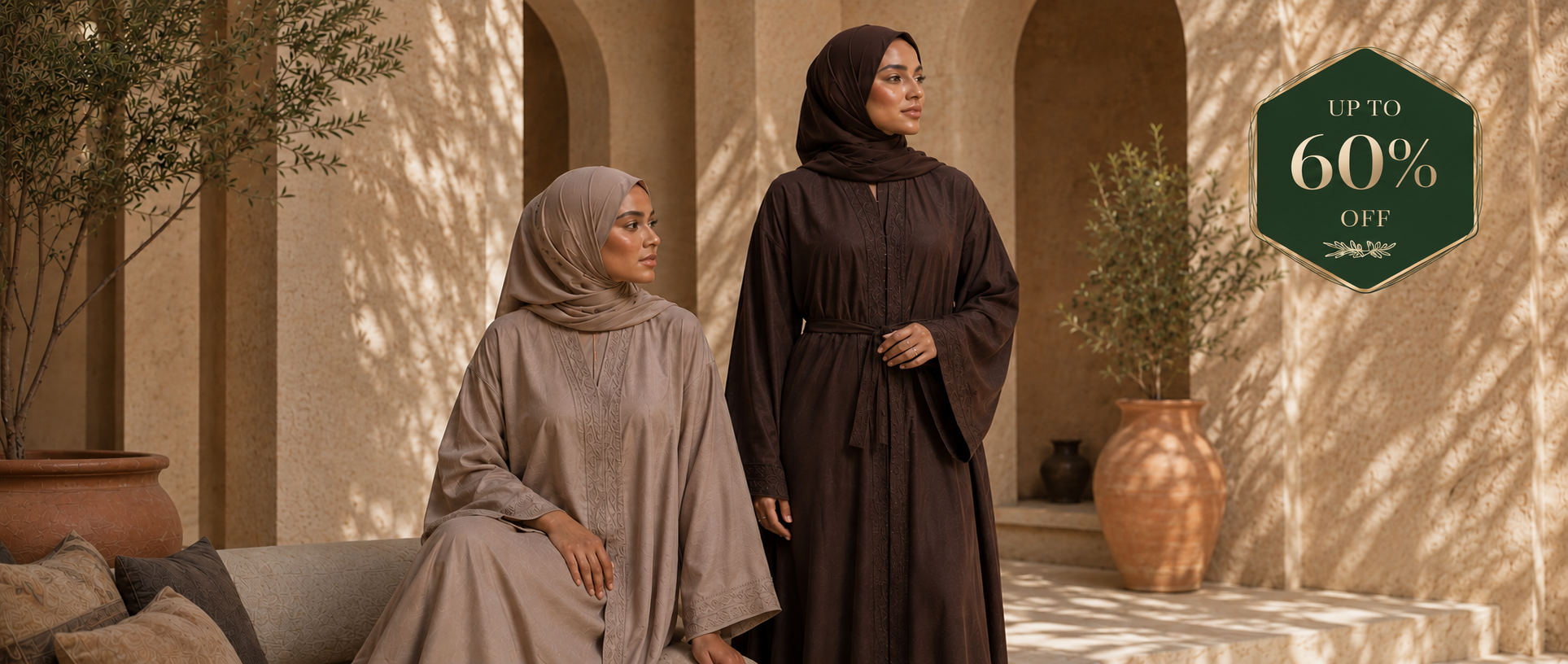 Two women in hijabs standing in a sunlit outdoor setting with a promotional banner for discounts.