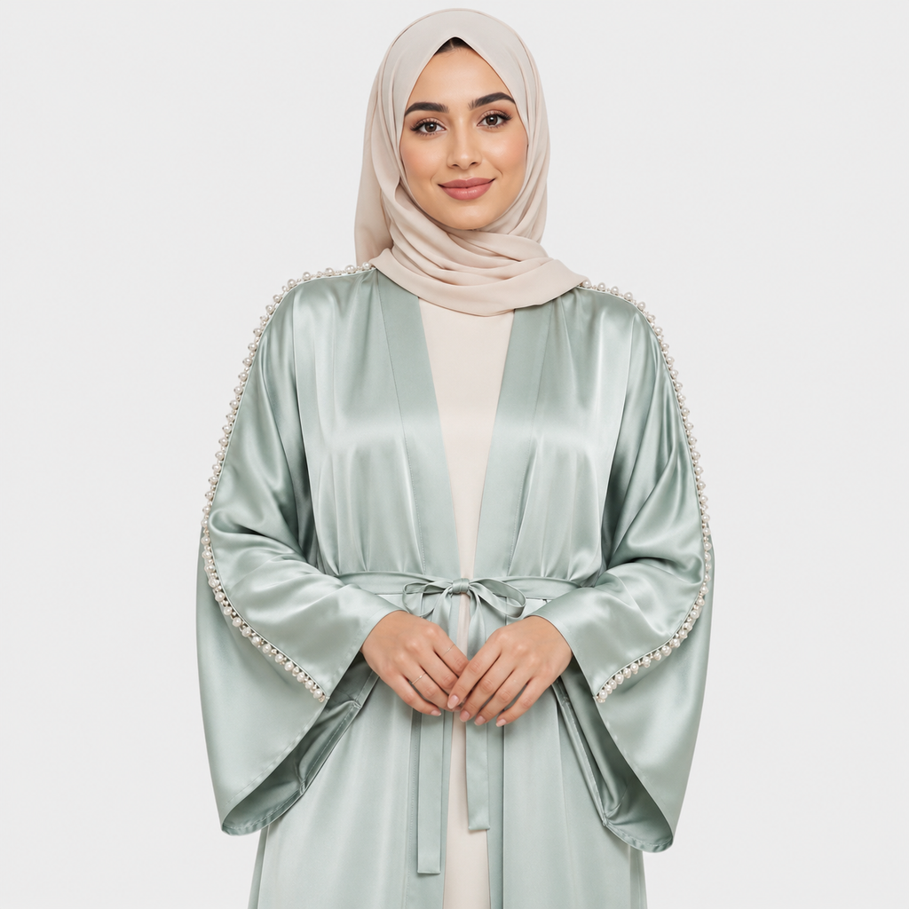Sage Pearl Sleeve Open Abaya for Eid Celebrations