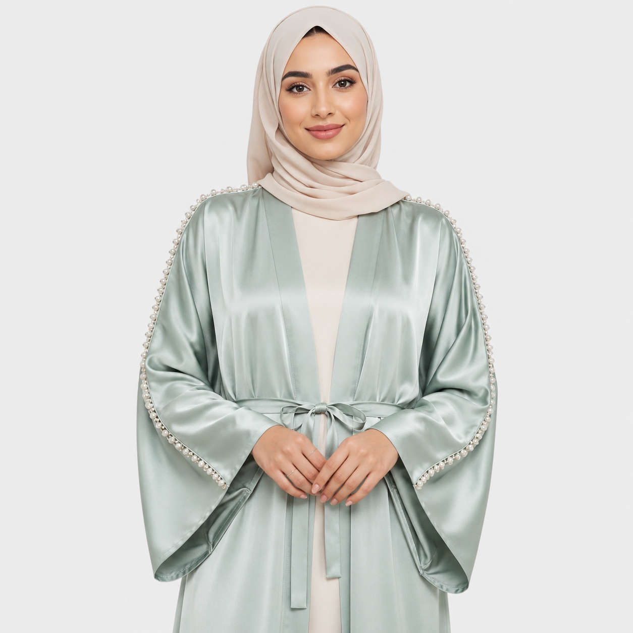 Sage Pearl Sleeve Open Abaya for Eid Celebrations