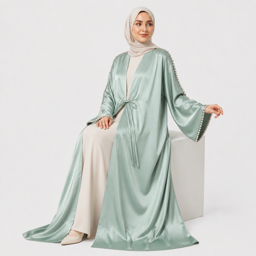 Sage Pearl Sleeve Open Abaya for Eid Celebrations