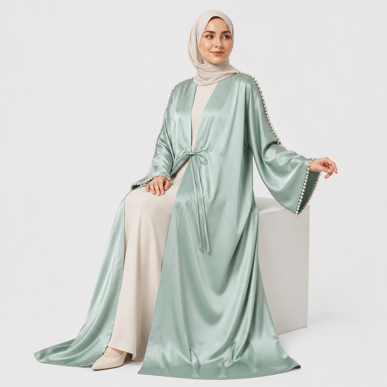 Sage Pearl Sleeve Open Abaya for Eid Celebrations