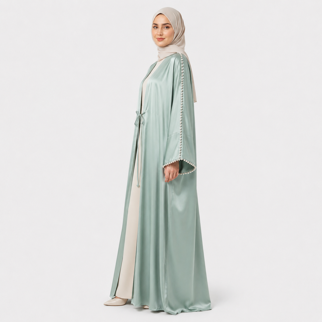 Sage Pearl Sleeve Open Abaya for Eid Celebrations