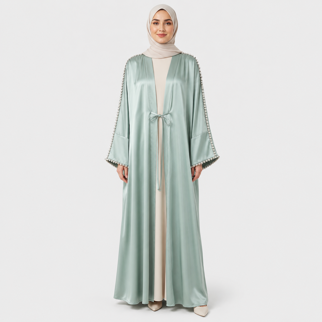Sage Pearl Sleeve Open Abaya for Eid Celebrations