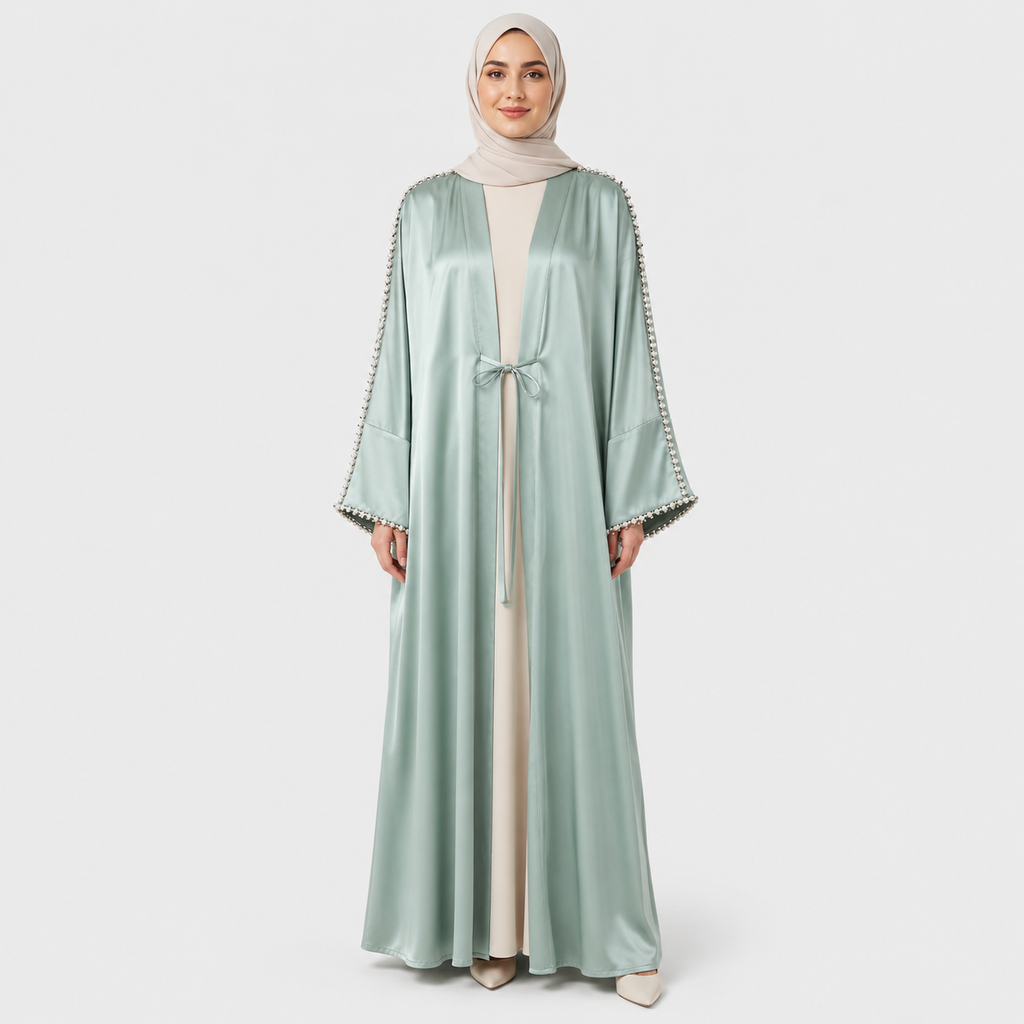 Sage Pearl Sleeve Open Abaya for Eid Celebrations
