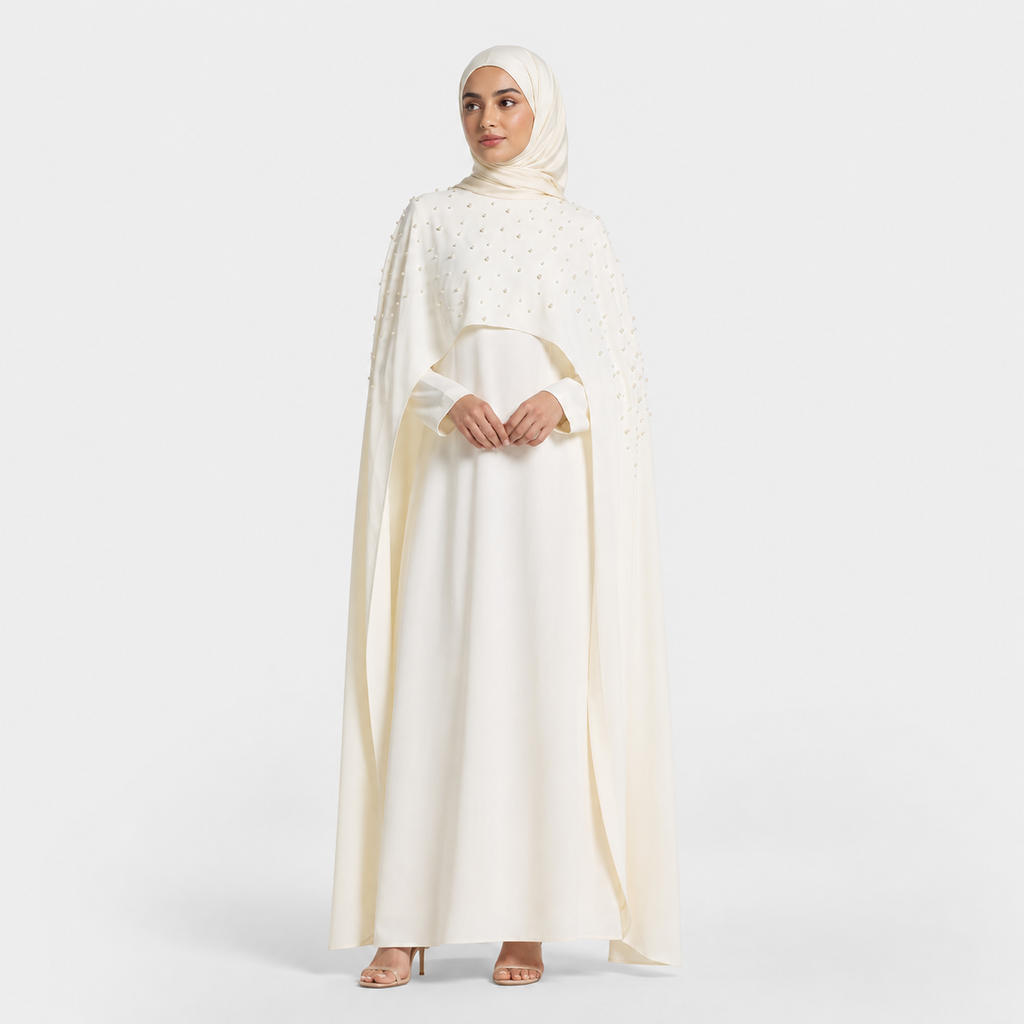 White Pearl Embellished Cape Maxi Dress