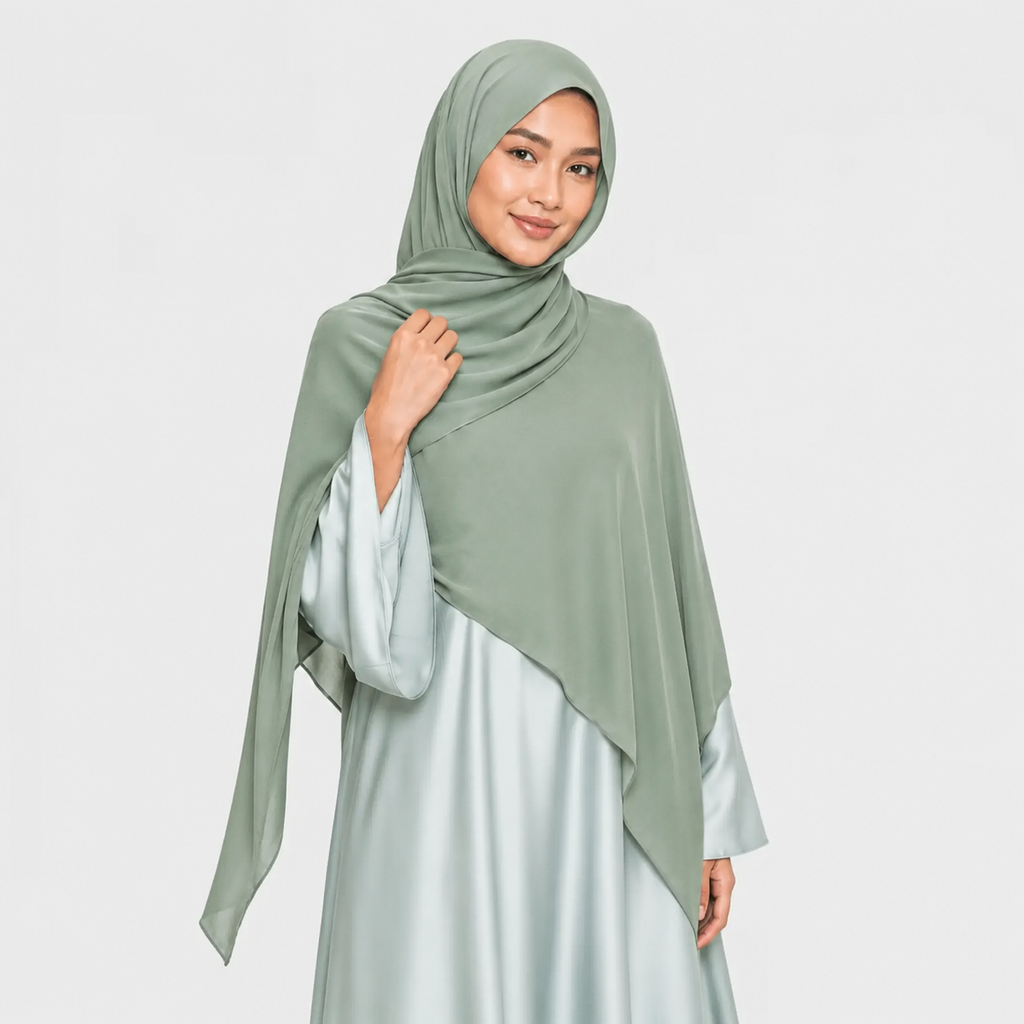 Woman wearing a light green hijab and dress on a white background