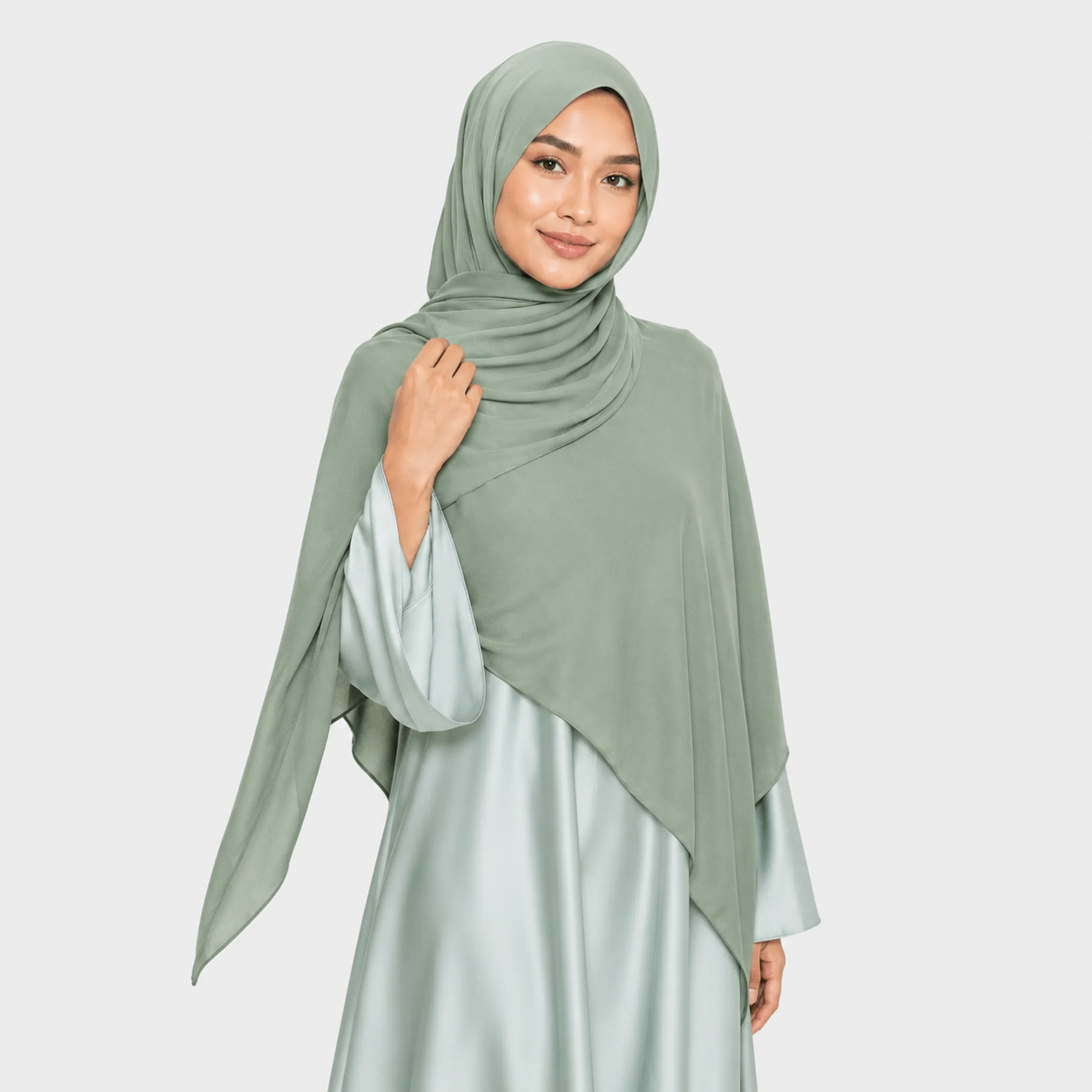 Woman wearing a green hijab and light gray dress on a white background