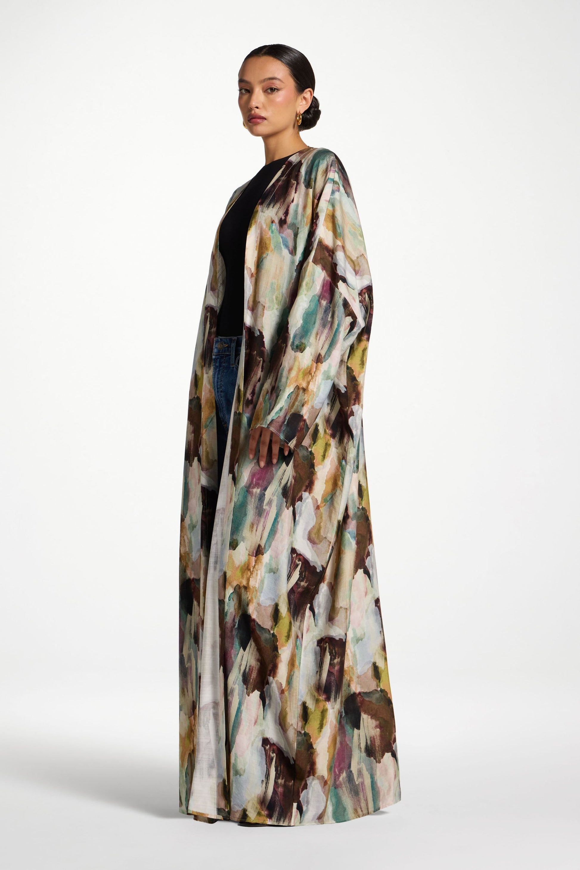 Printed Open Abaya with Lightweight Flowing Layering Silhouette