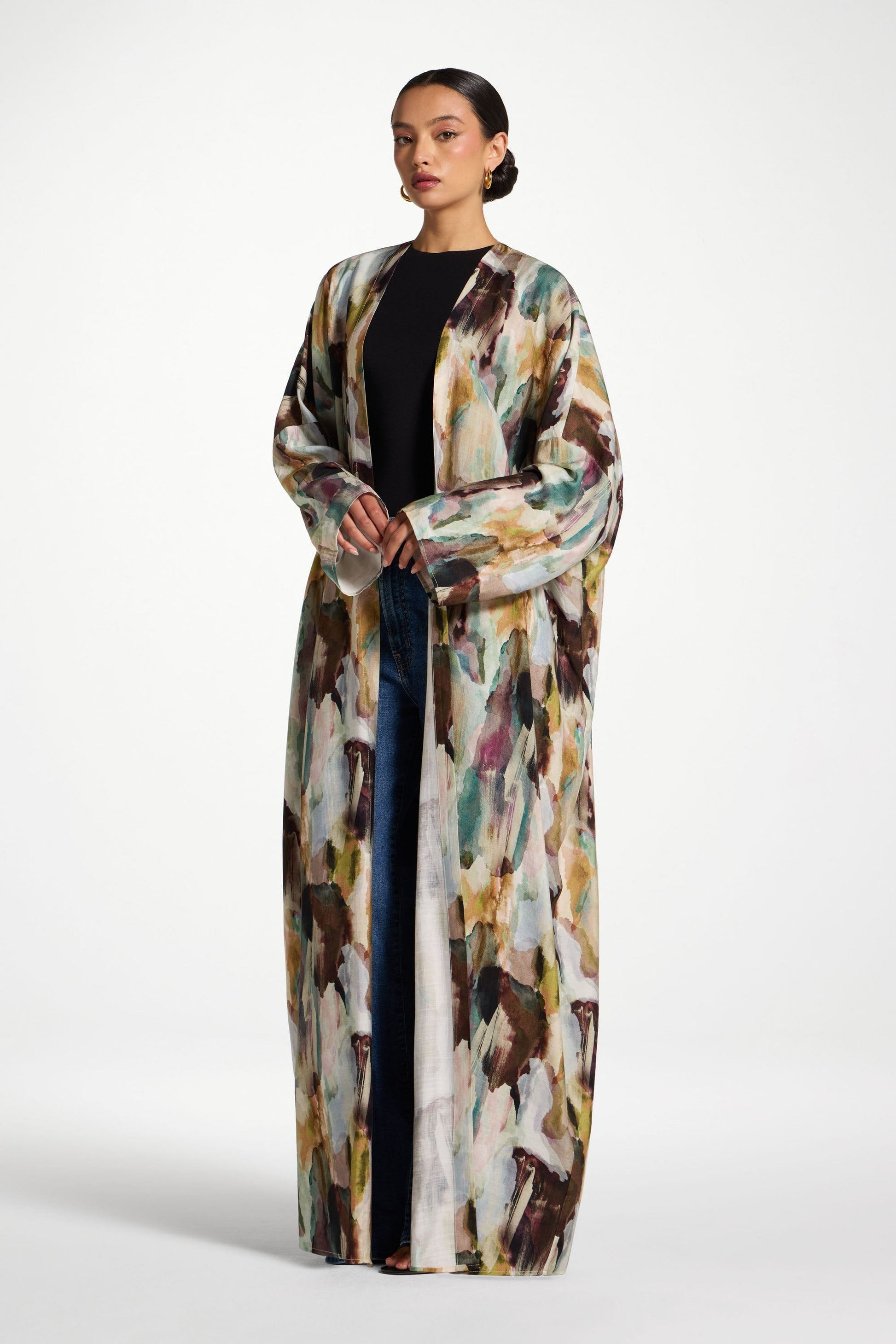 Printed Open Abaya with Lightweight Flowing Layering Silhouette