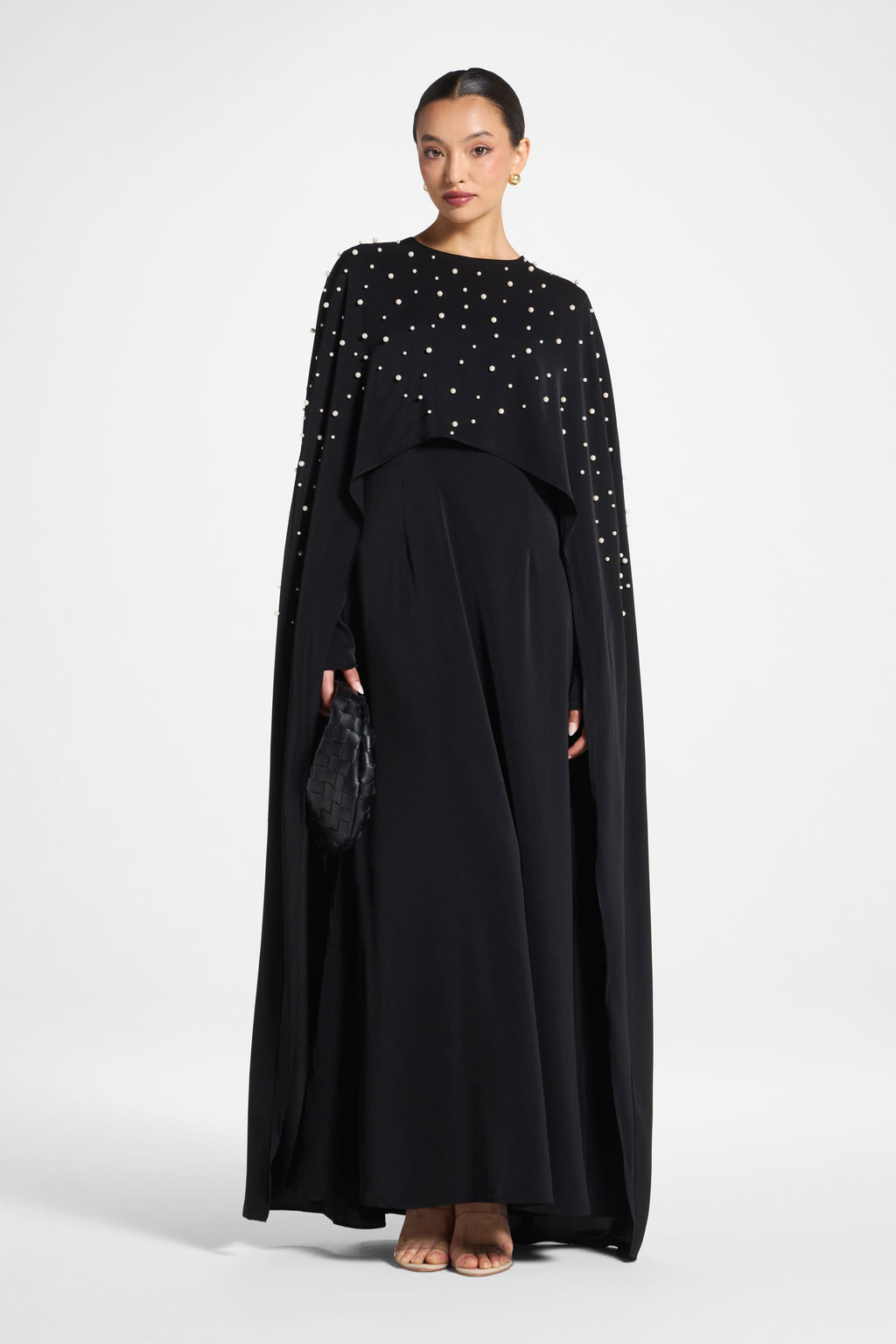 Black Cape Abaya with Pearl Detail