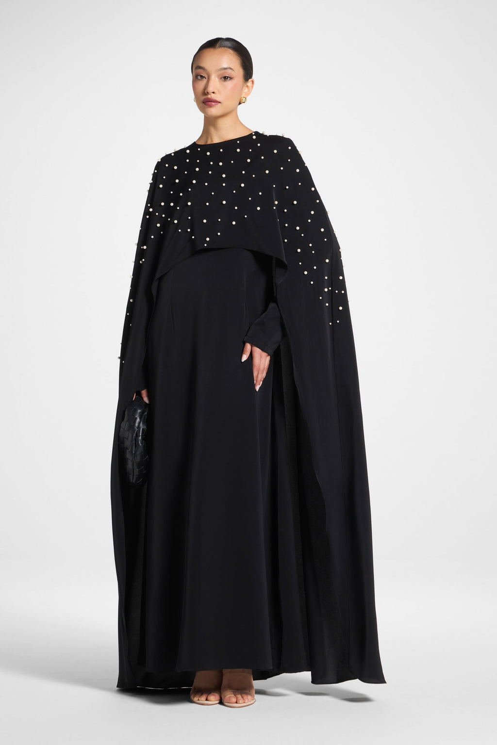 Black Cape Abaya with Pearl Detail
