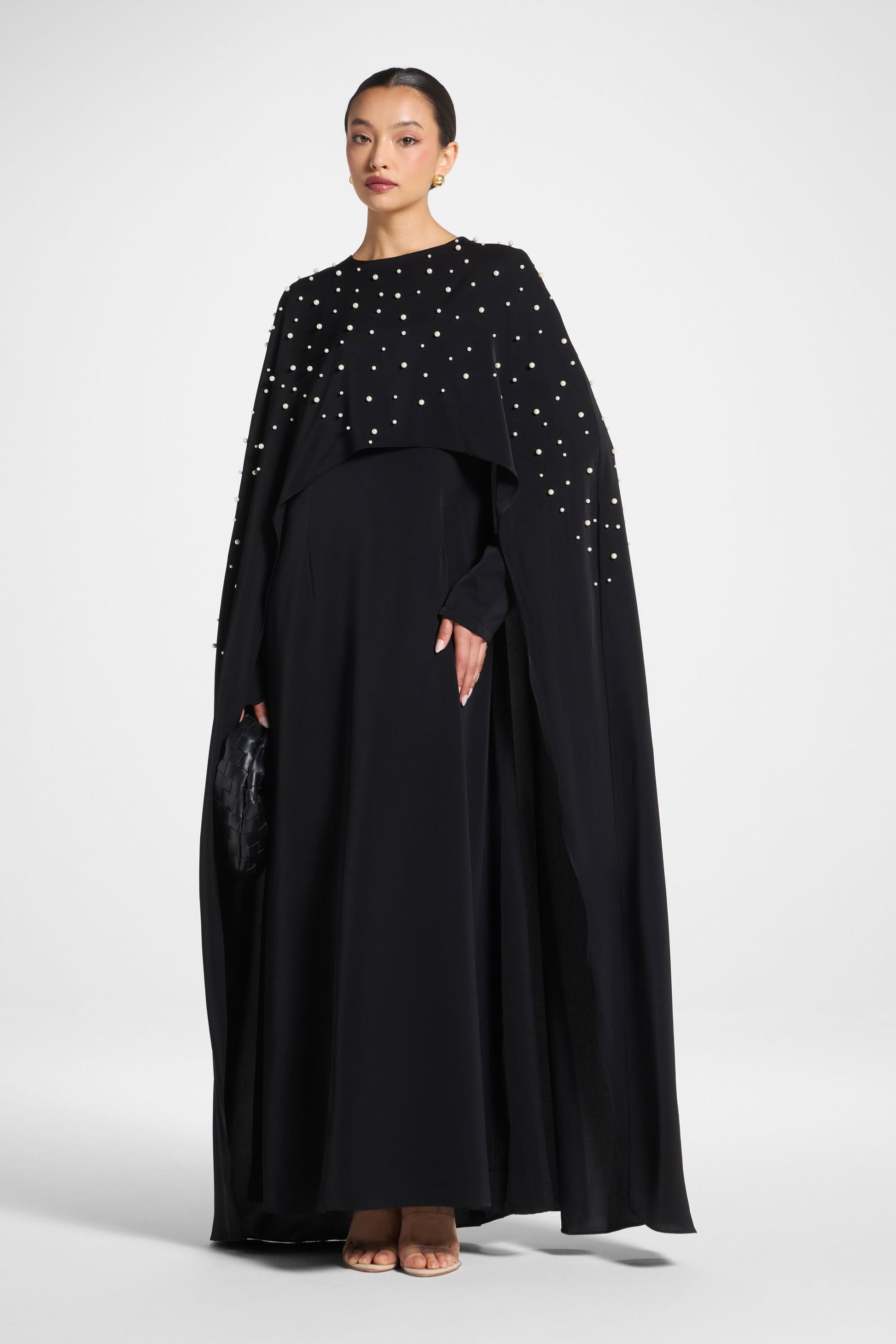 Black Cape Abaya with Pearl Detail