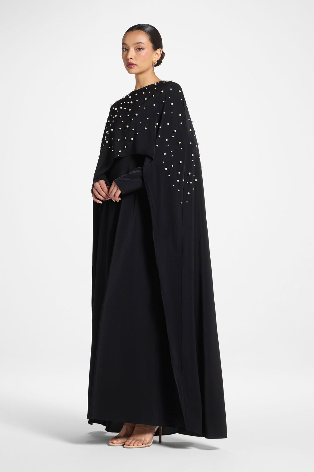 Black Cape Abaya with Pearl Detail