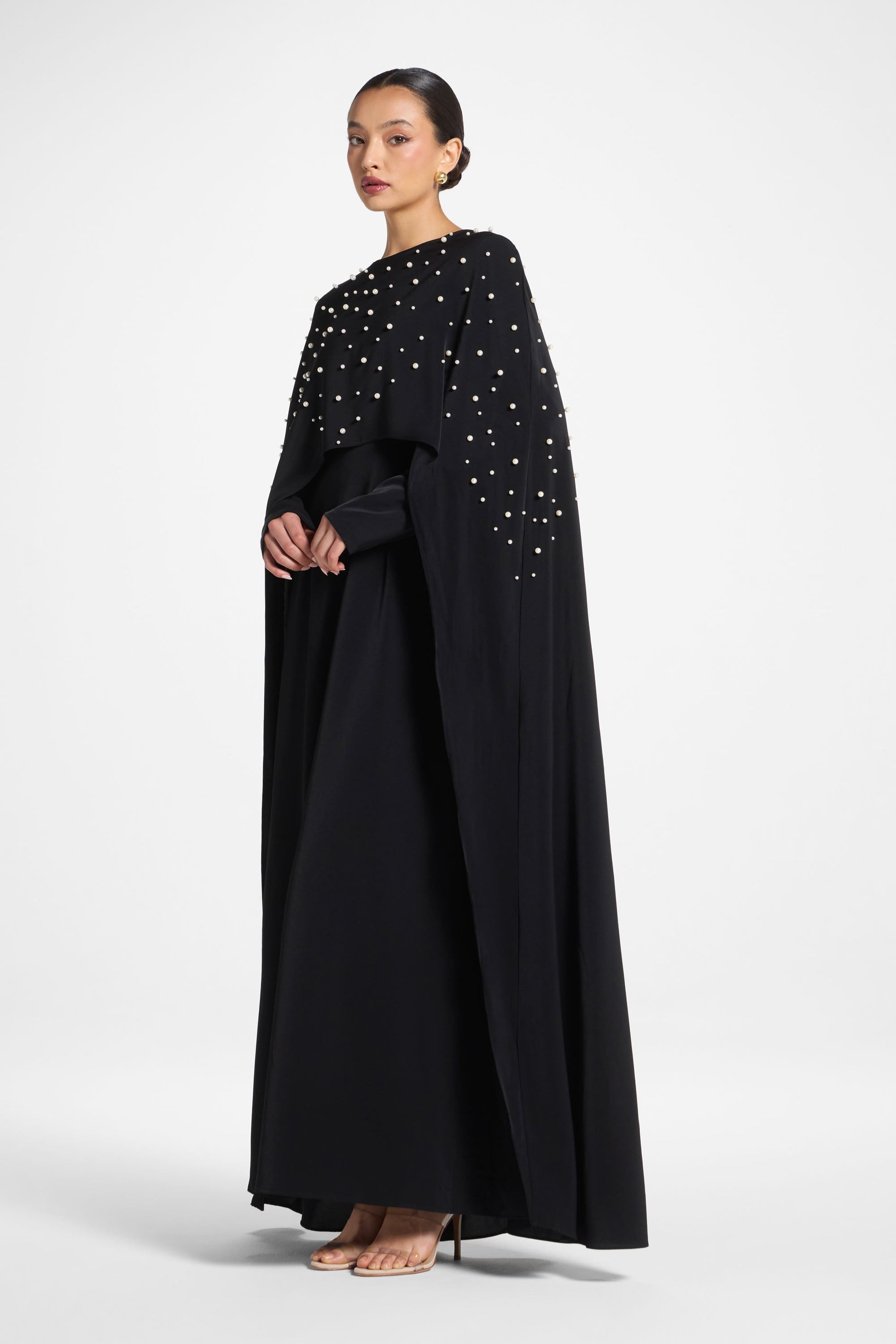 Black Cape Abaya with Pearl Detail