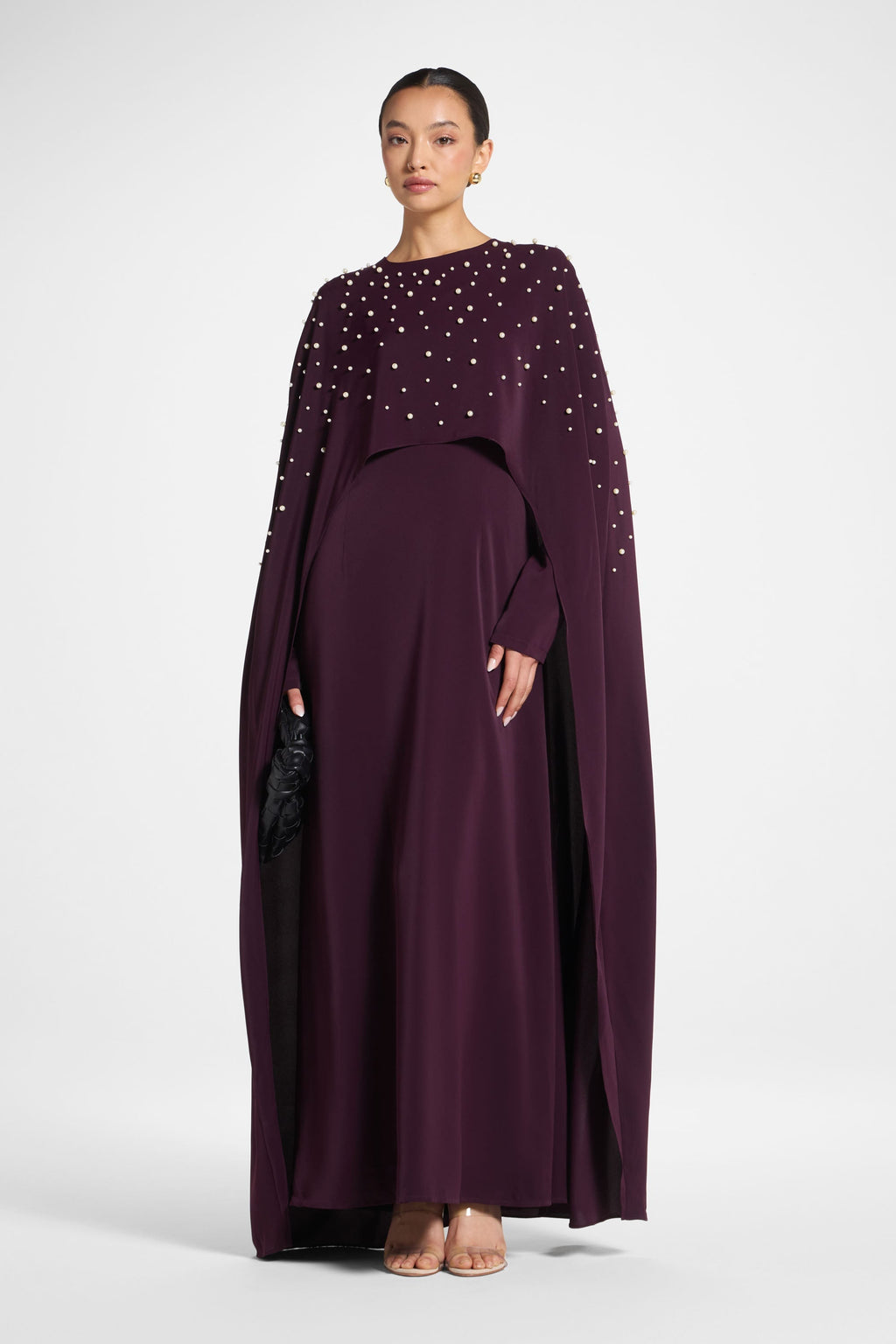 Pearl Embellished Cape Maxi Dress in Plum